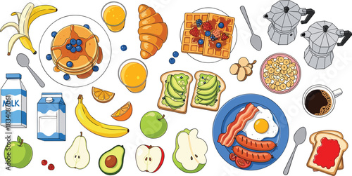 Assorted breakfast foods and drinks including pancakes waffles and fried egg with bacon