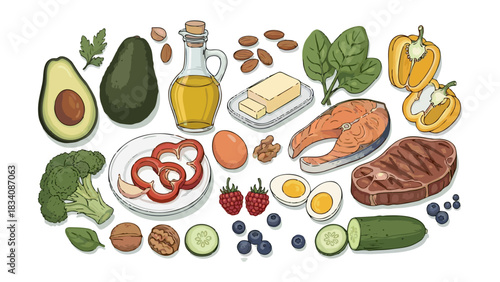 Keto Diet Food Illustration Healthy Fats Proteins and Low Carb Vegetables for a Balanced Meal