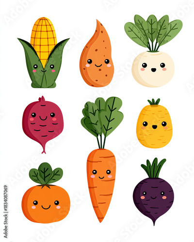 Whimsical Vegetables Collection: A delightful assortment of cheerful, animated vegetables, each with its own unique expression and charm.