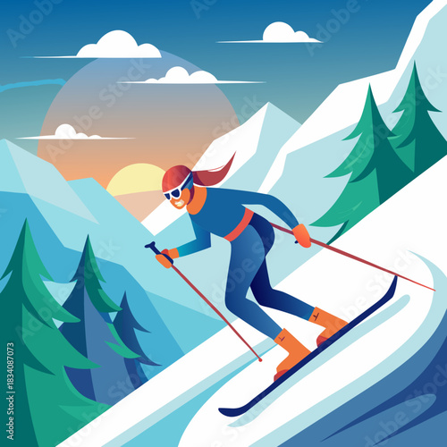 Blonde Skier Carving Down Snowy Mountain Slope with Style.