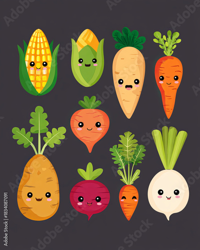 Smiling Vegetables: A vibrant assortment of cute and smiling vegetable illustrations, celebrating the freshness and wholesomeness of the harvest.