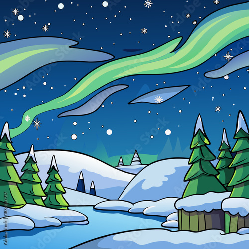 Cartoon Winter Landscape with Aurora Borealis and SnowCovered Trees.