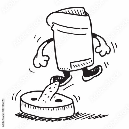 Cartoon Trash Can Character Stepping on a Landmine.