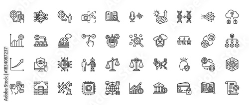 Artificial intelligence and machine learning line icon set. Vector pictograms of deep learning, robotics, data analysis, and technology, thin linear illustration.