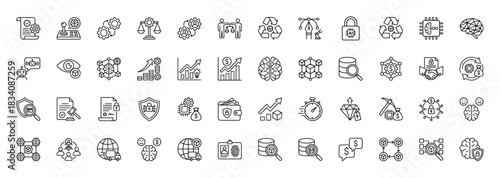 Business and technology line icon set. Vector pictograms of settings, statistics, artificial intelligence, security, and finance, thin linear illustration.