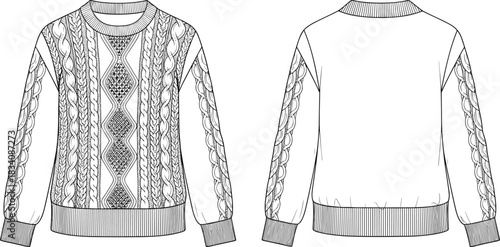 Black and white line drawing of a cable knit sweater front and back views knitwear