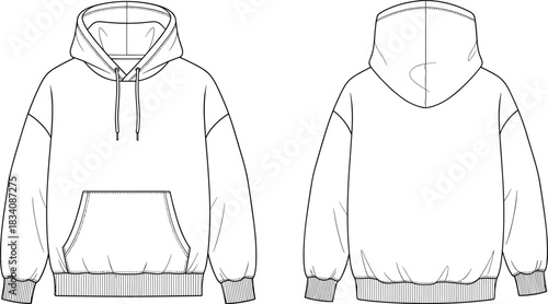 Black and white line drawing of a hooded sweatshirt front and back views hoodie clothing