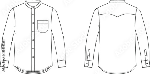 Black and white line drawing of a long sleeve shirt front and back views clothing