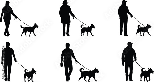 Black silhouette of a person walking a dog on a leash in various poses vector