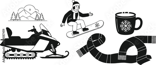 Set of Winter Recreation and Seasonal Icons, Snowboarder, Snowmobile, Cozy Mug and Scarf, Black and White Vector Illustration for Sports and Cold Weather Design
