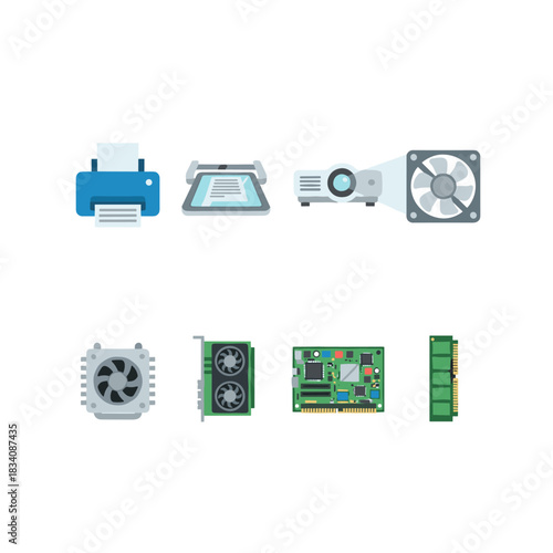 Computer and electronic hardware components icons set