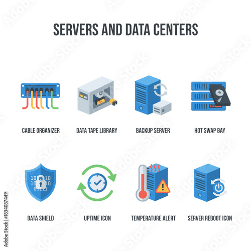 Servers and data centers flat icons set