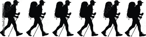 Black silhouette of hikers with backpacks and trekking poles walking in a line vector