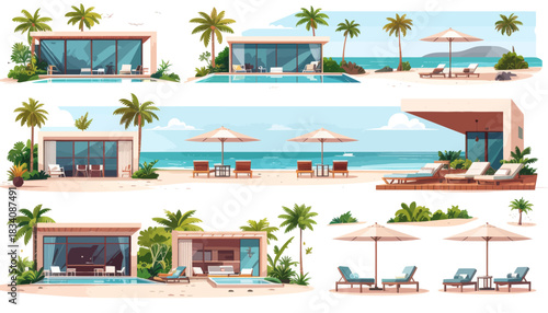 Collection of illustrated tropical beach resort bungalows with pools, palm trees, and lounge areas by the ocean.