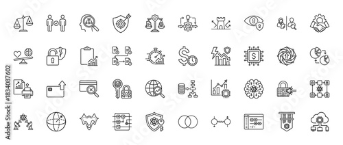 Business and security line icon set. Vector pictograms of scales, padlock, target, data, finance, and technology, thin linear illustration.