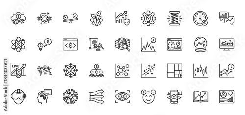 Data analytics and finance line icon set. Vector pictograms of charts, graphs, vr headset, and blockchain, thin linear illustration.