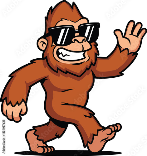 Cartoon Bigfoot character walking with sunglasses and waving Sasquatch Yeti