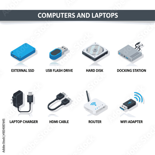 Computers and laptops accessories icons set