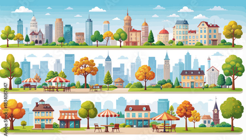 A vibrant, detailed illustration of three distinct urban landscapes, featuring diverse architecture, lush green parks, and lively street scenes with cafes and trees.