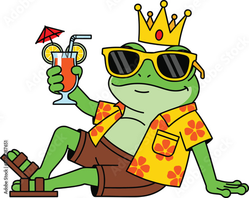Cartoon frog wearing sunglasses and crown holding a cocktail king