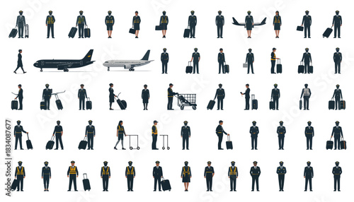 A large collection of stylized vector illustrations depicting people traveling, carrying luggage, and two airplanes, representing various aspects of airport and business travel.