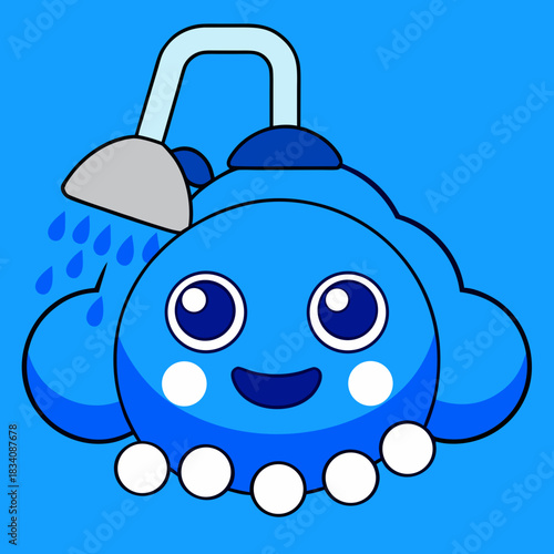 Cute Blue Cartoon Octopus Taking a Shower Illustration.