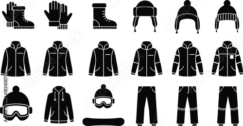 Set of Winter Sports and Cold Weather Gear Icons, Snowboard, Ski Jacket, Snow Boots, Hat, and Gloves, Black and White Vector Illustration for Seasonal Apparel and Recreation