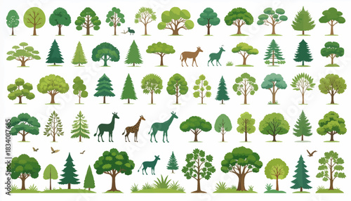 A comprehensive collection of diverse tree types and forest animal silhouettes, perfect for graphic design.