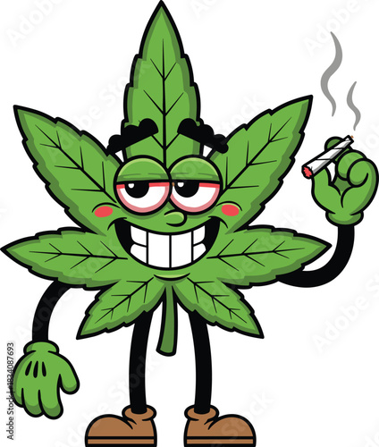 Cartoon marijuana leaf character smoking a cigarette with red eyes and smiling cannabis