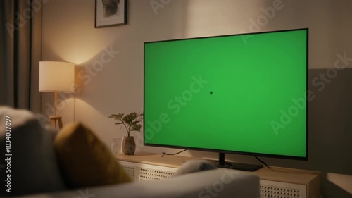 Green screen TV on a modern living room background