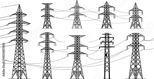 Collection of black and white electricity pylons and power lines against a white background