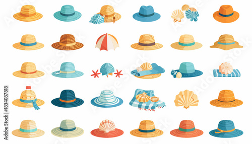 A collection of various summer hats, including straw hats, sun hats, and beach accessories in different colors and styles.