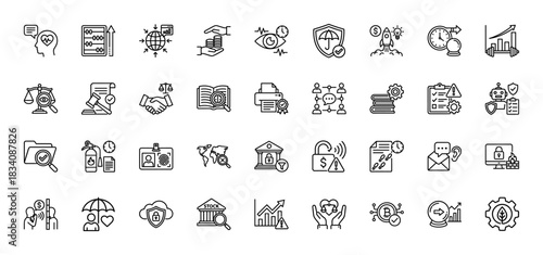 Business and finance line icon set. Vector pictograms of security, investment, legal, and risk management concepts, thin linear illustration.