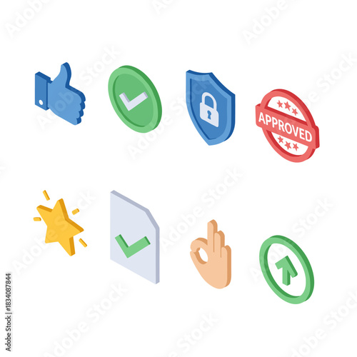 Isometric approval and verification icons set