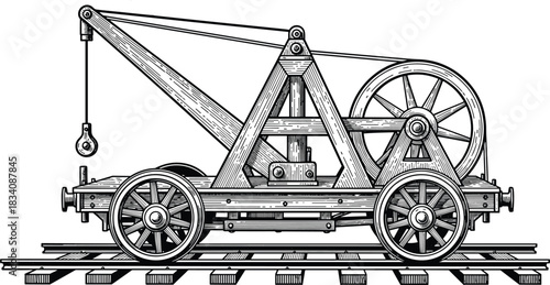 Vintage catapult siege engine illustration, medieval war machine, wooden rail cart with wheels, slingshot projectile launcher, black and white engraving sketch, 