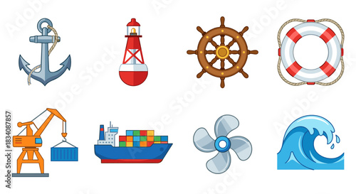 Nautical cartoon icons set