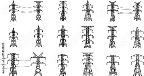 Collection of black and white line art illustrations of electricity pylons and power lines