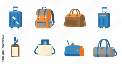 Travel bags and accessories flat icons set