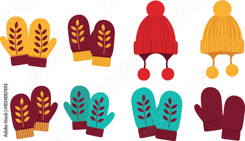 Winter mittens and beanie hat illustration set, colorful knitted gloves, warm clothing accessories, pom-pom caps, seasonal fashion symbols, flat vector pack for autumn and winter design assets.