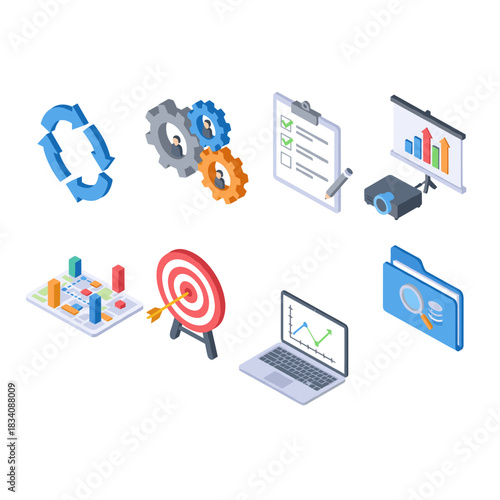 Business and project management isometric icons set