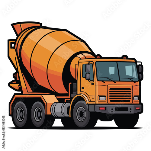 A cement mixer truck in bright orange, vector style, transparent background.