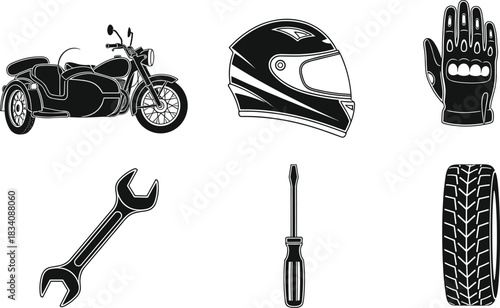Motorcycle and biker equipment icon set, sidecar bike, rider helmet, protective gloves, tire, wrench, screwdriver tools, black and white vector pack for transport and adventure design assets.