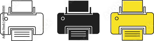 Office printer icon set, print device silhouettes, document output symbols, A4 paper printing graphic, white, black, yellow colors, modern minimalist vector pack for business