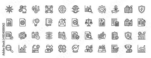 Business and finance line icon set. Vector pictograms of document, chart, budget, and tax, thin linear illustration.