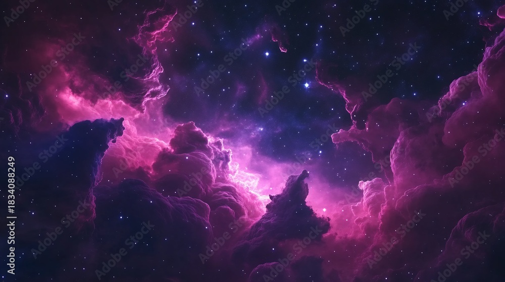 Obraz premium Radiant night sky filled with countless bright stars swirling cosmic clouds in hues of pink and purple and shimmering nebulae creating a mystical atmosphere across the galaxy