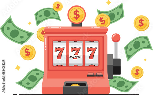 Slot machine jackpot, winning reels, casino game, lucky seven, gambling icon, money prize, gold coins, dollar bills, lever pull