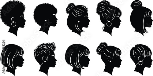 Collection of Black Silhouette Profiles of Women with Diverse Hairstyles and Earrings