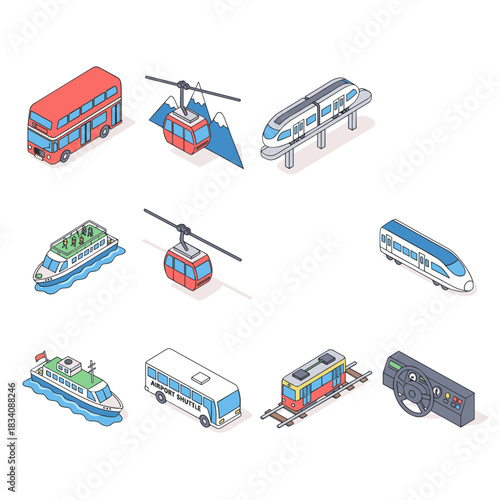Public transportation isometric icons set