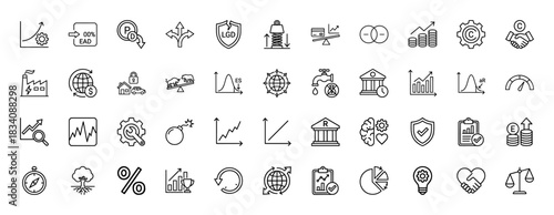 Financial and economic risk outline icon set. Vector pictograms of growth, regulation, insurance, investment, and analysis, thin linear illustration.