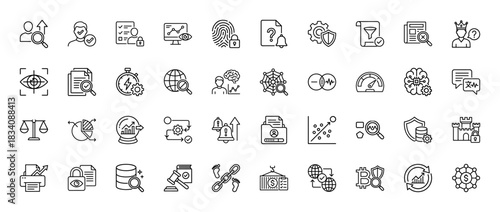 Fraud detection and analysis line icon set. Vector pictograms of audit, monitoring, investigation, risk, security shield, gavel and data chart. Thin linear illustration.